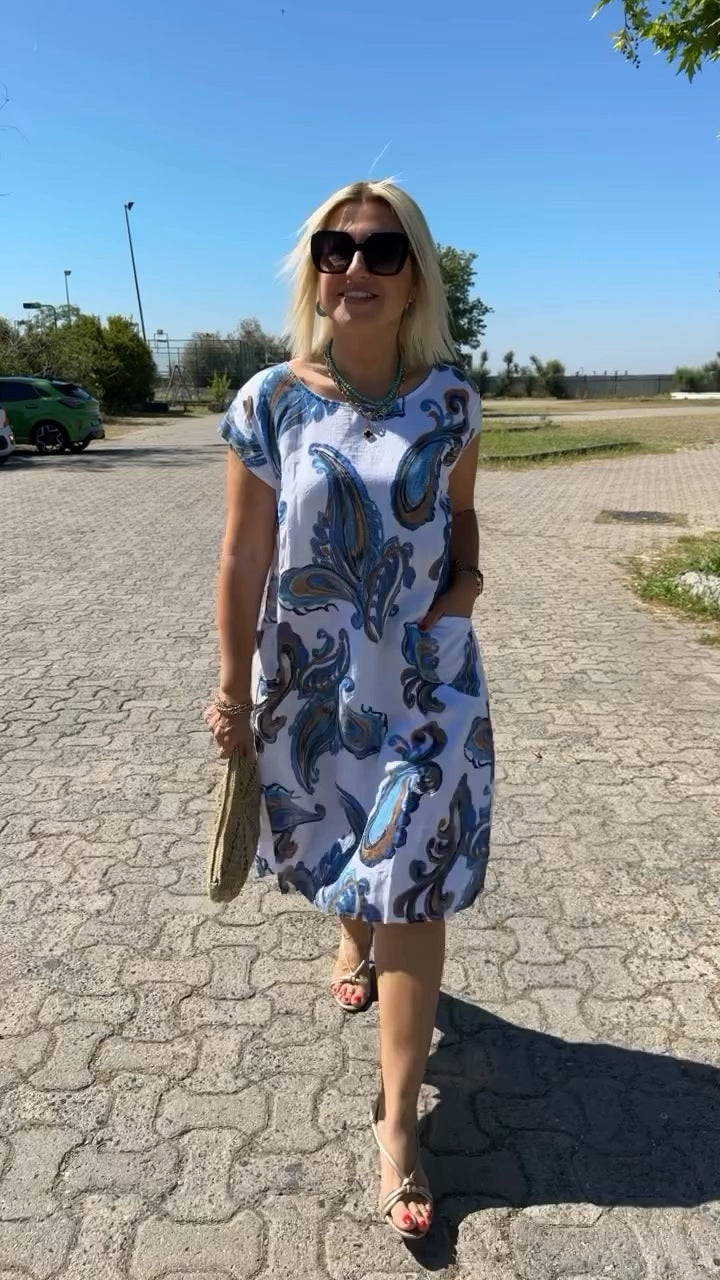 Bombažna in lanena obleka s potiskom-SI