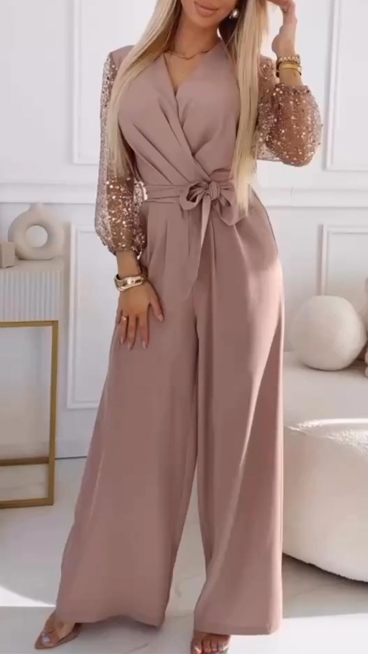 👑Ženski casual komplet s puhlanki rokavi in V izrezom, okrašen z bleščicami-SL