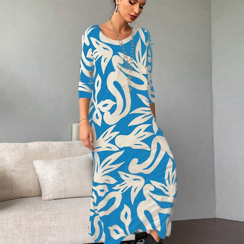 🌼Elegantiška, laisva, apvaliu kaklu, raštuota moteriška suknelė-LT