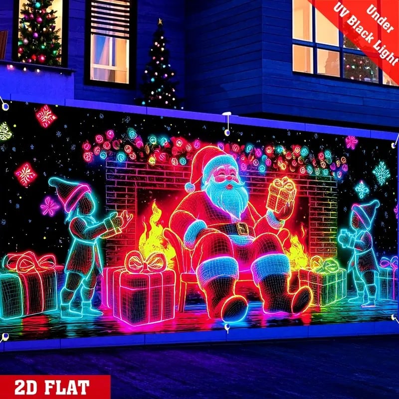 UV-aktiviertes Weihnachtsgartentor-Banner, leuchtet im Dunkeln mit Cartoon-Weihnachtsmann- und Elf-Motiv, Outdoor- und Indoor-Party-Dekoration