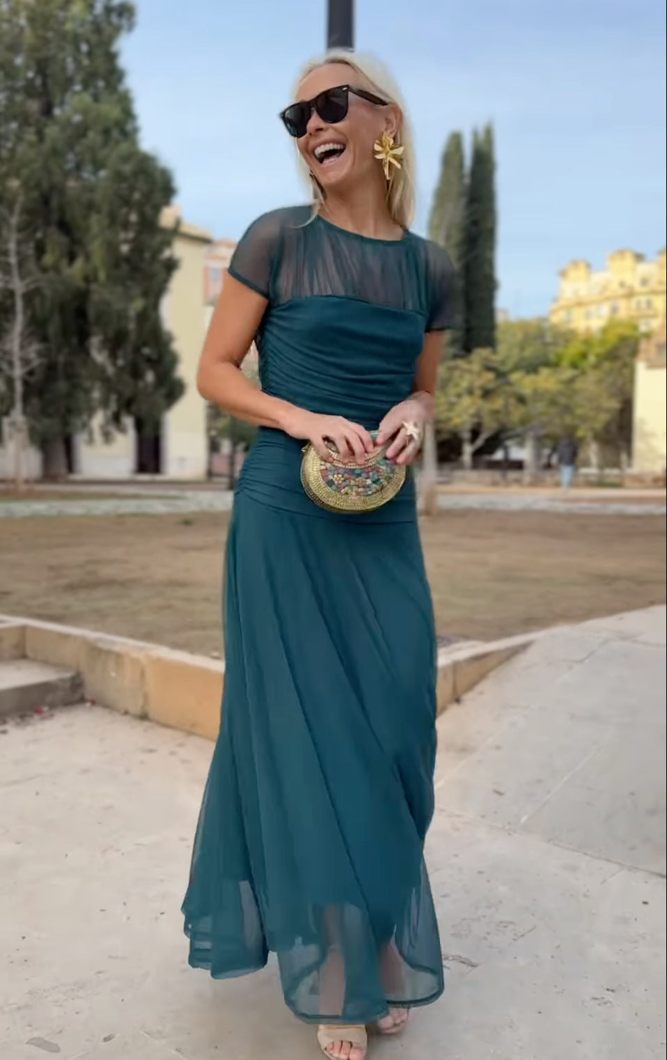 Γυναικείο φόρεμα από σιφόν σε στυλ casual με στρογγυλή λαιμόκοψη και ραφές-EL