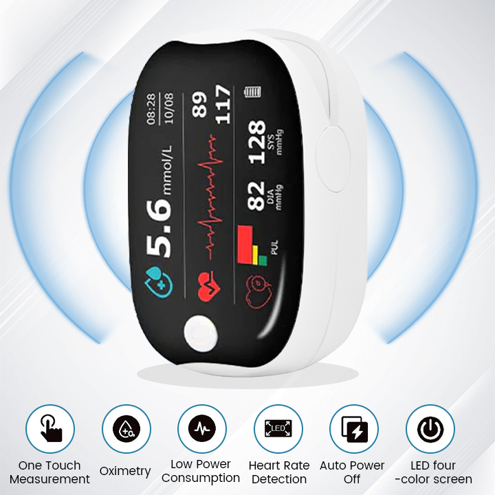 【🎁Praznična ponudba🎄】Prstni pulzni oksimeter GlucoSense s sponko - angleška različica (štiribarvni LED)-SL