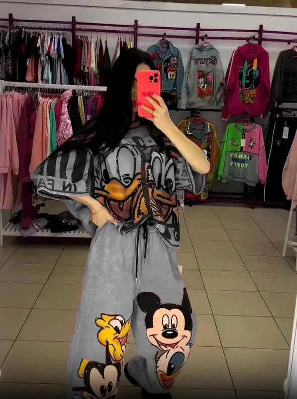Komplet majice in hlač z motivom Račka Donalda in Miki Miške-SL
