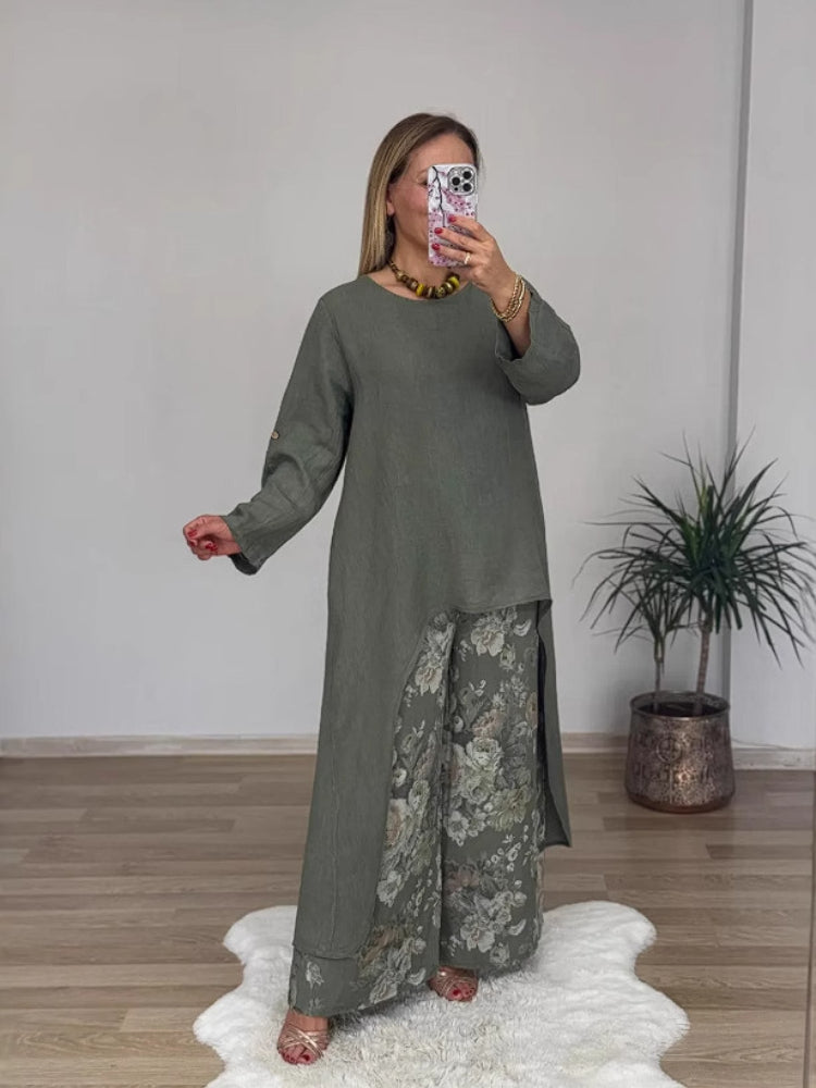 Σετ από casual παντελόνι με ασύμμετρο τοπ και φαρδιά μπατζάκια από βαμβάκι και λινό-GR