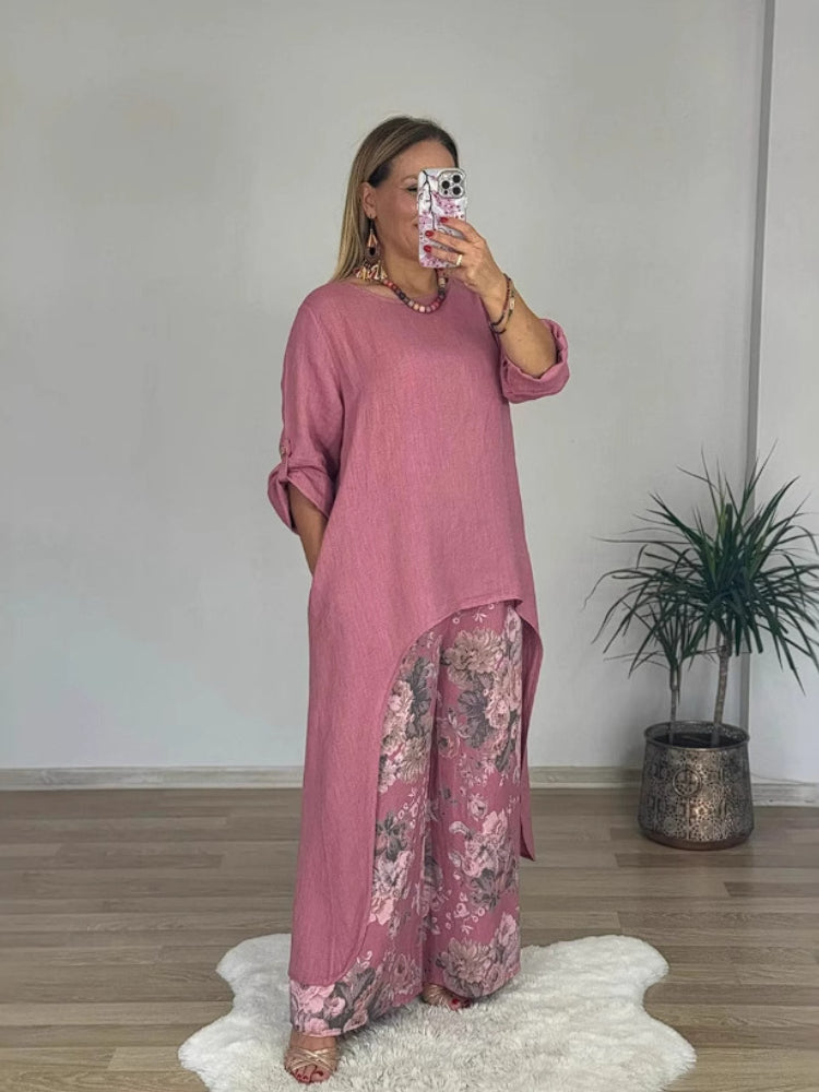 Σετ από casual παντελόνι με ασύμμετρο τοπ και φαρδιά μπατζάκια από βαμβάκι και λινό-GR