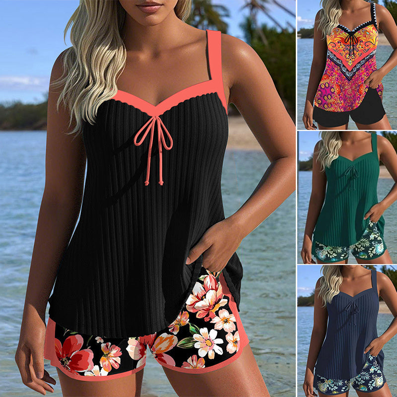 【S-3XL】👙Raštuotas maudymosi kostiumėlio viršūnėlės ir šortų komplektas-LT