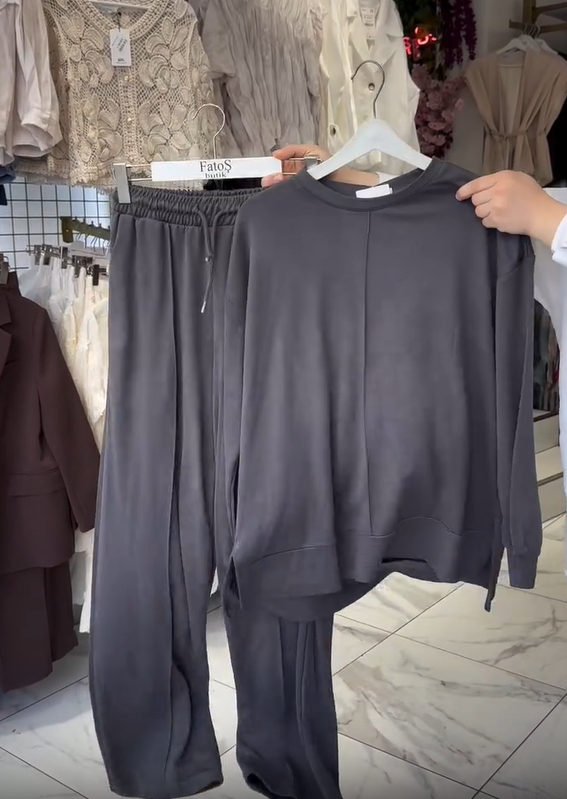 Komplet ženskih bombažnih hlač z dolgimi rokavi in okroglim izrezom-SI