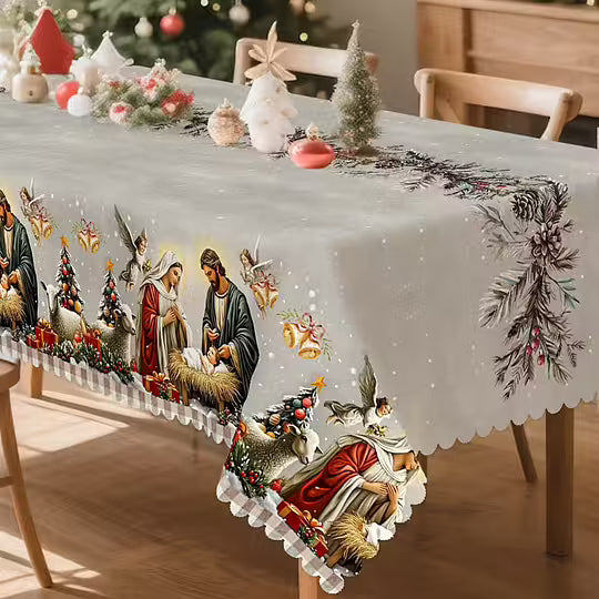 Namizni prt z motivom jaslic – bel in rdeč, tradicionalni evropski slog, trpežna tkanina za božične obroke in dekoracijo-SL