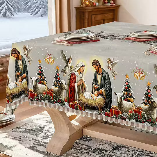 Namizni prt z motivom jaslic – bel in rdeč, tradicionalni evropski slog, trpežna tkanina za božične obroke in dekoracijo-SL