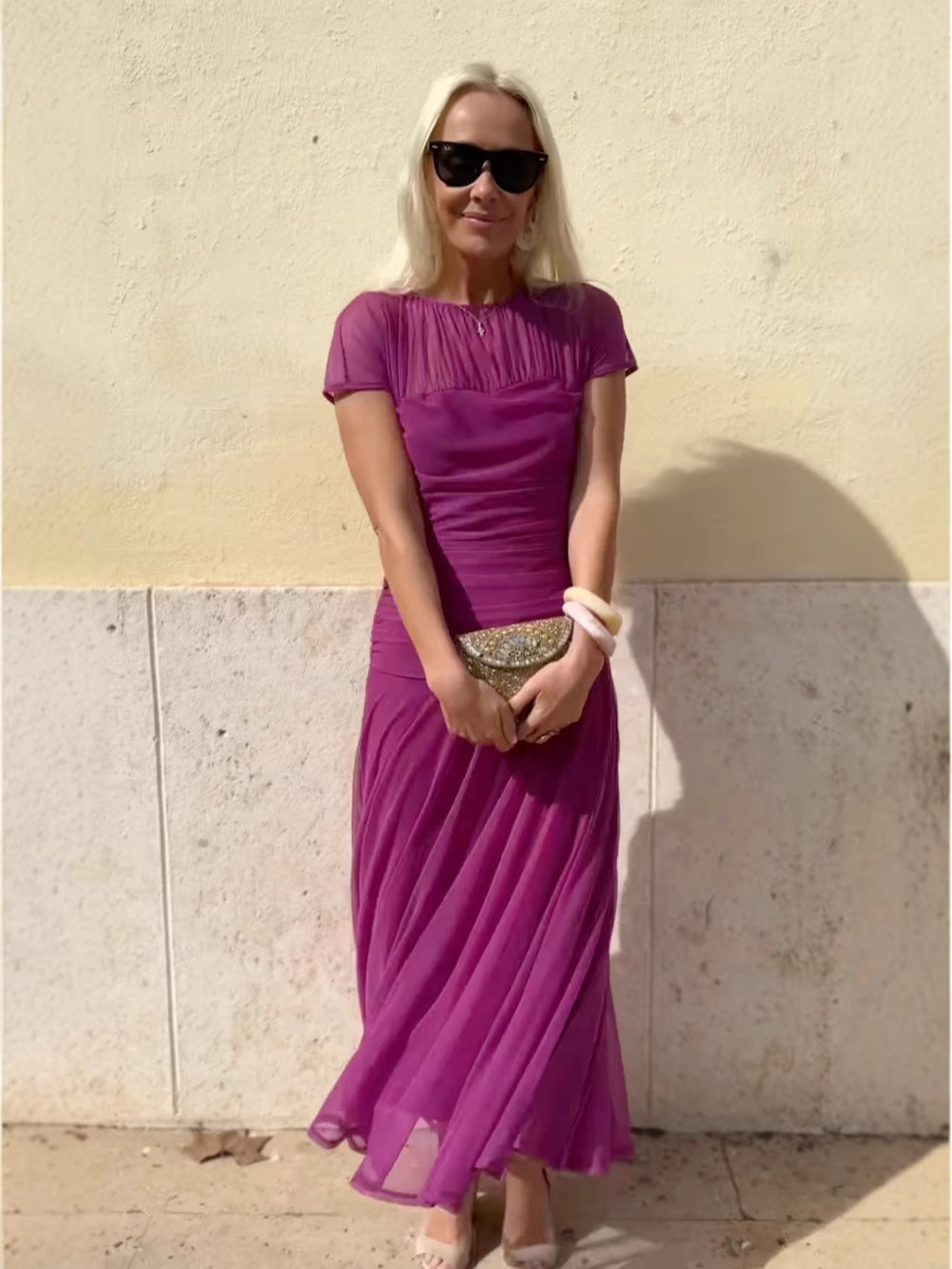 Γυναικείο φόρεμα από σιφόν σε στυλ casual με στρογγυλή λαιμόκοψη και ραφές-EL