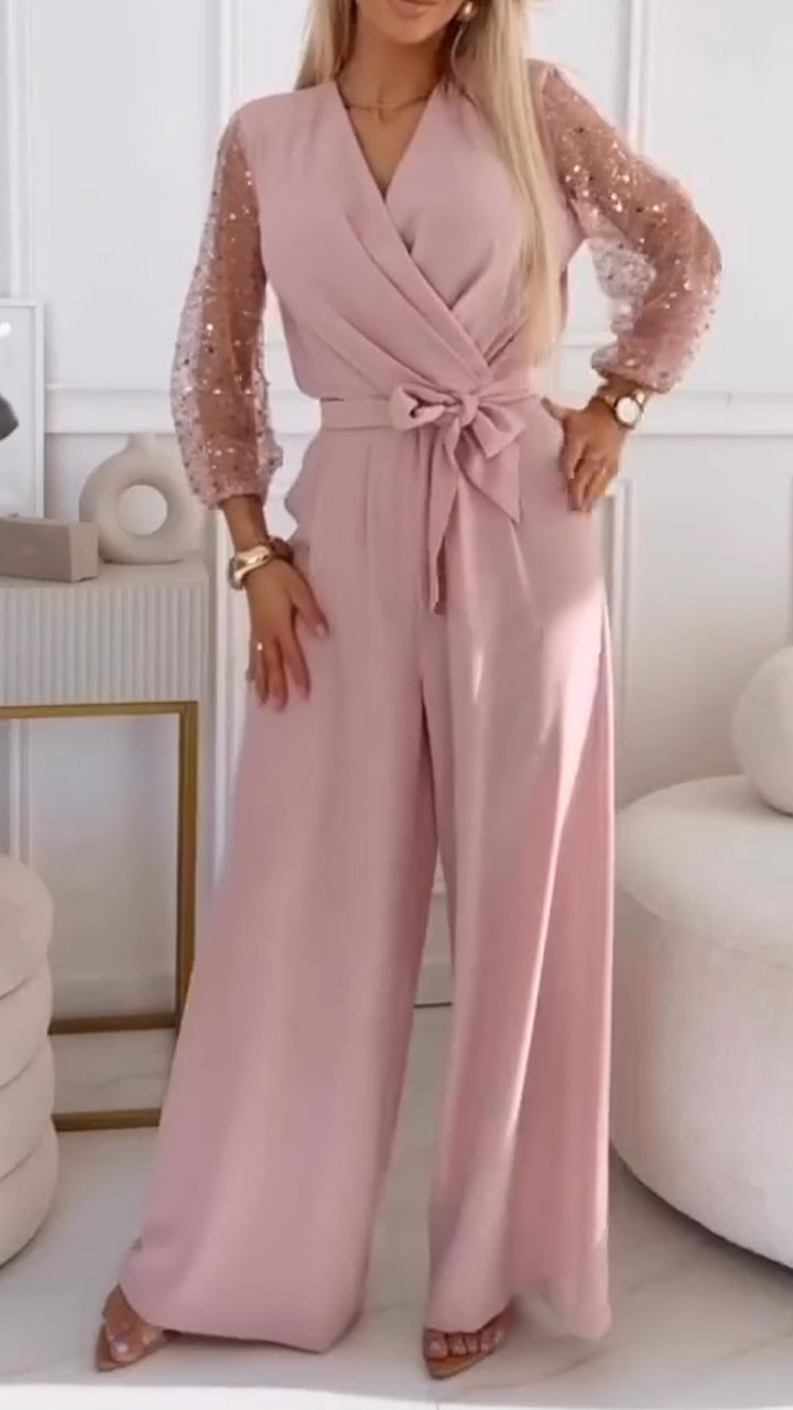 👑Ženski casual komplet s puhlanki rokavi in V izrezom, okrašen z bleščicami-SL