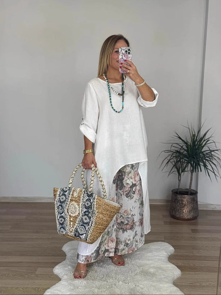Σετ από casual παντελόνι με ασύμμετρο τοπ και φαρδιά μπατζάκια από βαμβάκι και λινό-GR