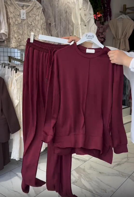 Komplet ženskih bombažnih hlač z dolgimi rokavi in okroglim izrezom-SI